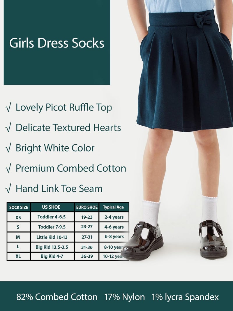 COTTON DAY Girls White Dressy Textured Short Socks Scallop Top Hearts Design 6-8 Years Size M (8) - Image 3