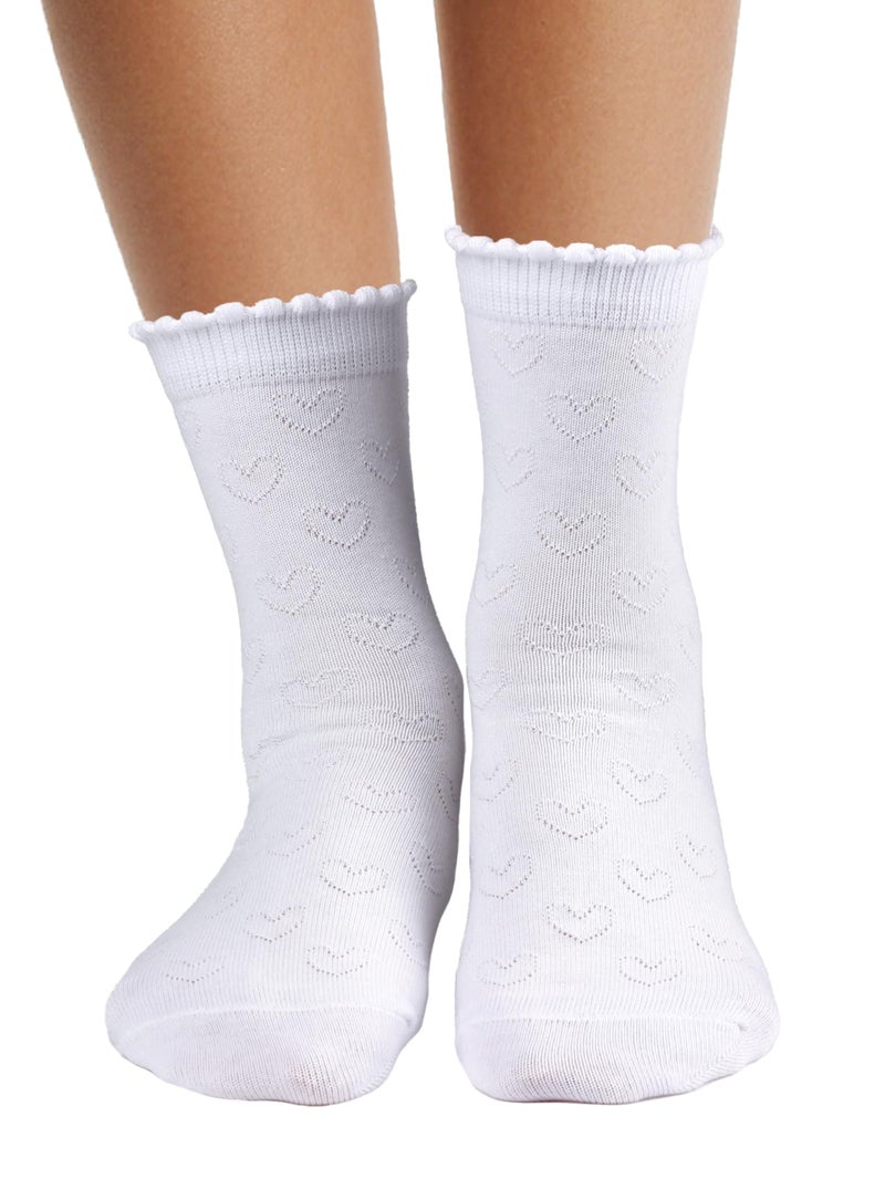 COTTON DAY Girls White Dressy Textured Short Socks Scallop Top Hearts Design 6-8 Years Size M (8) - Image 1