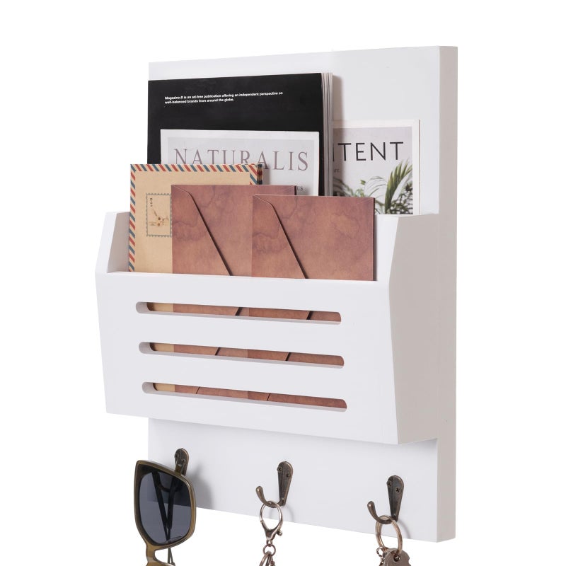 humberboat Key and Mail Holder Wall Mount, 2-Slot Wooden Mail Organizer with 3 Key Hooks, Decorative Mail Sorter Wall Mounted, Rustic Key Rack Hanger for Entryway, Farmhouse, Home Decor, White - Image 1