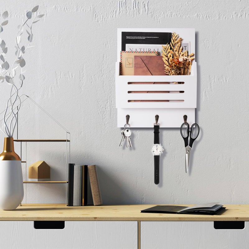 humberboat Key and Mail Holder Wall Mount, 2-Slot Wooden Mail Organizer with 3 Key Hooks, Decorative Mail Sorter Wall Mounted, Rustic Key Rack Hanger for Entryway, Farmhouse, Home Decor, White - Image 2