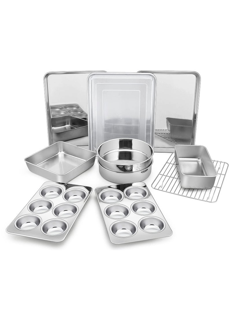 P&P CHEF Bakeware Sets of 11 PP CHEF Stainless Steel Baking Pans Set Includes Baking Sheets and Rack Lasagna Pan with Lid RoundSquare Cake Pan Muffin Pans Loaf Pan Reusable  Durable 