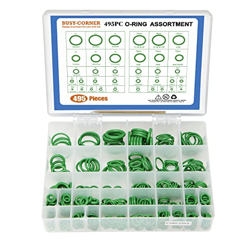BUSY-CORNER 495 Pieces SAE Metric O Ring Kit with O-Ring Pick & Installation Tools Rubber Washer Orings for A/C Professional Plumbing Automotive(Green Green) - Image 1