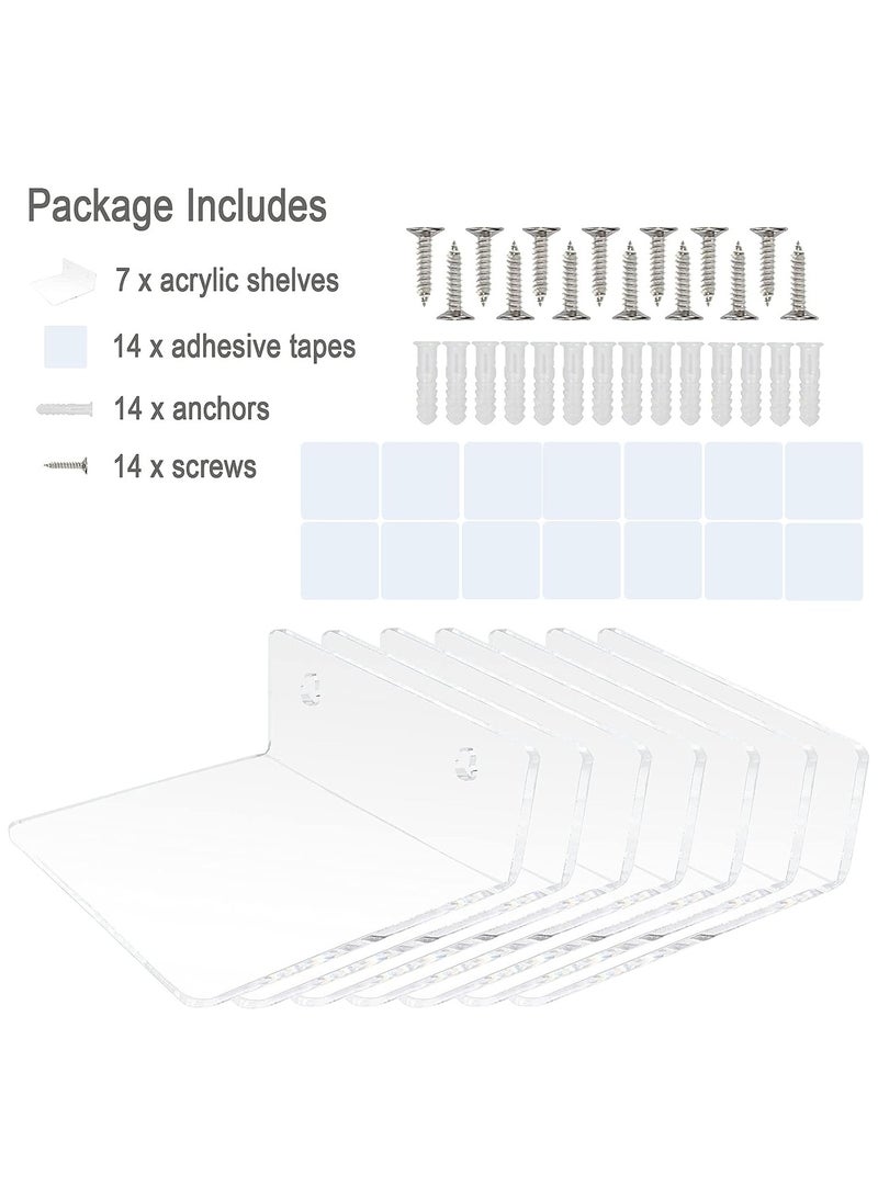 Eworld 7-Ledges Acrylic Adhesive Wall Shelves, Clear Mini Floating Shelf with Smooth Rounded Edges for Displaying Mini Frames, Toys, and Small Trinkets, Adhesive or Screw Installation Options Included - Image 4