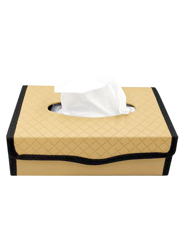 Car Tissue Dispenser Large-capacity Auto Folding Tissue Case PU Leather - Beige & Black - Image 1