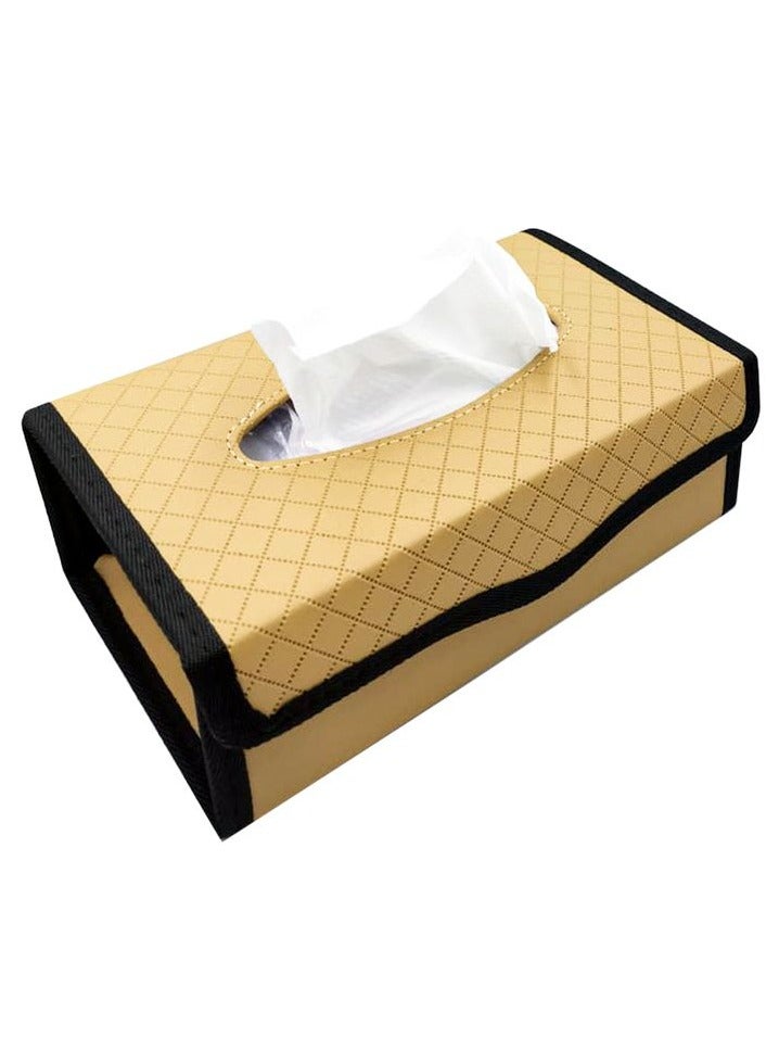 Car Tissue Dispenser Large-capacity Auto Folding Tissue Case PU Leather - Beige & Black - Image 2