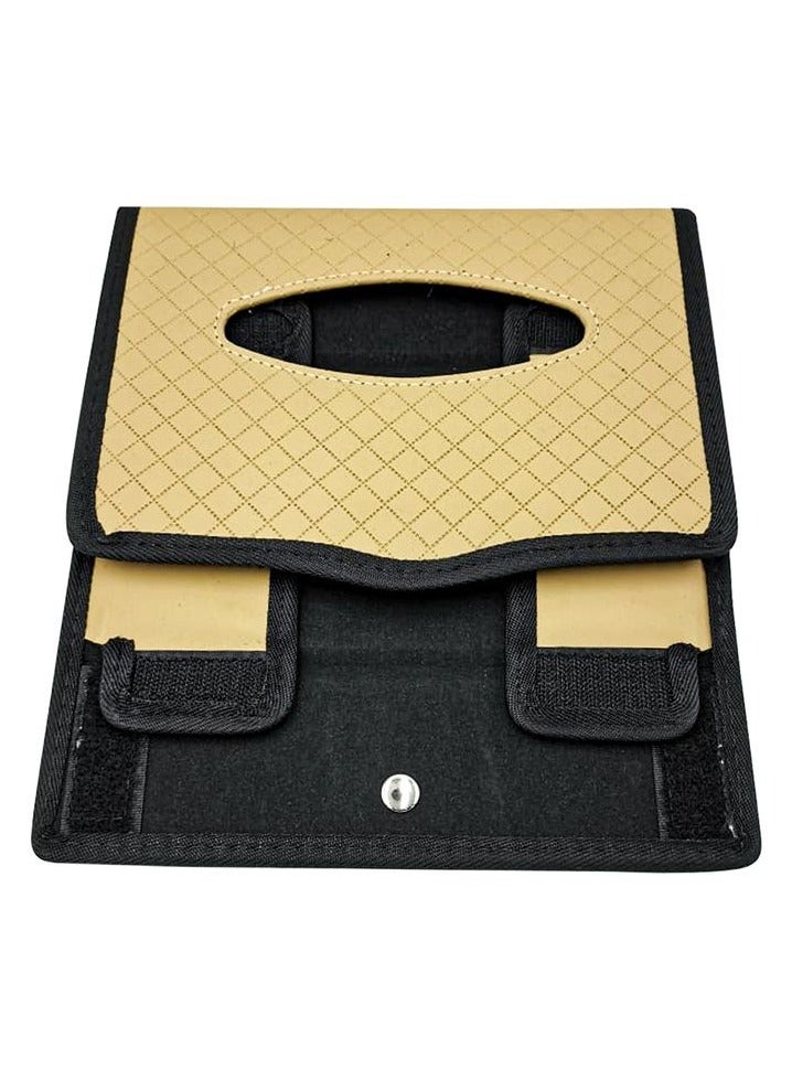 Car Tissue Dispenser Large-capacity Auto Folding Tissue Case PU Leather - Beige & Black - Image 5