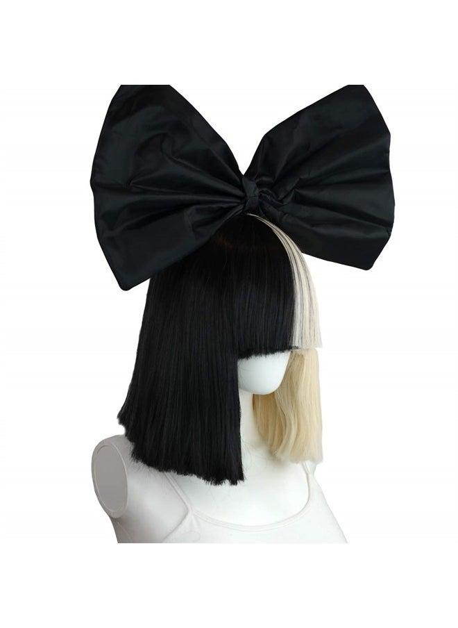 pureluca - OFFICIALLY LICENSED Sia Costume Cosplay Wig Half Blonde Black 2 Tone Color Short Straight Bob Wig Synthetic Full Wigs with Big Bow Sia Style Wigs for Women Girls - Image 1