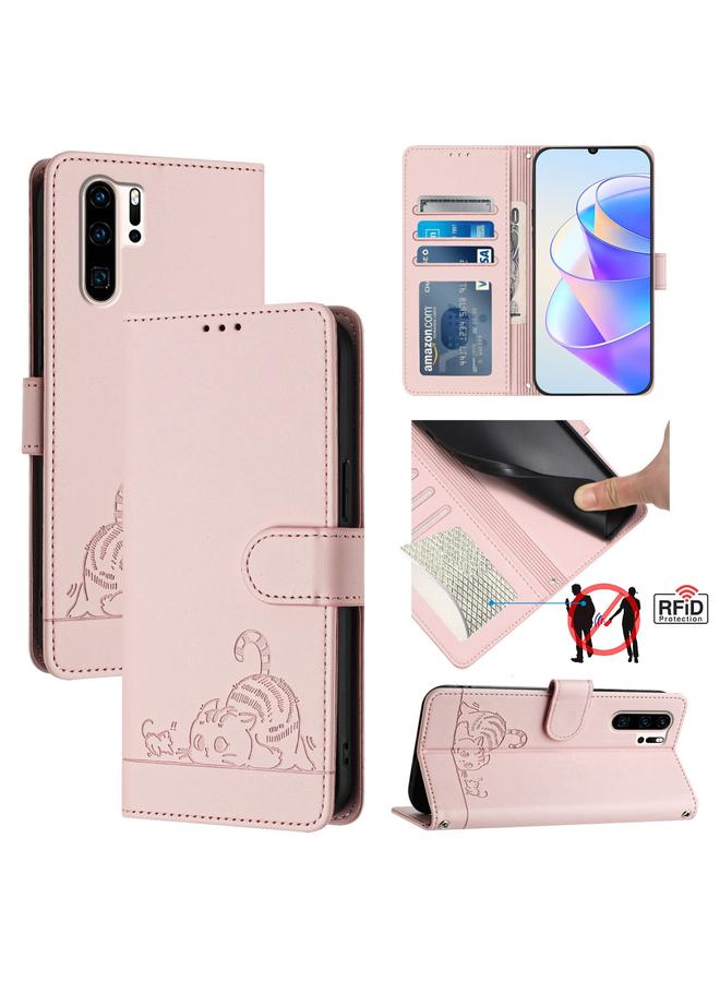 Zaboon Case For Huawei P30 Pro Cat Rat Embossed Pattern RFID Leather Phone Case with Lanyard - Image 1