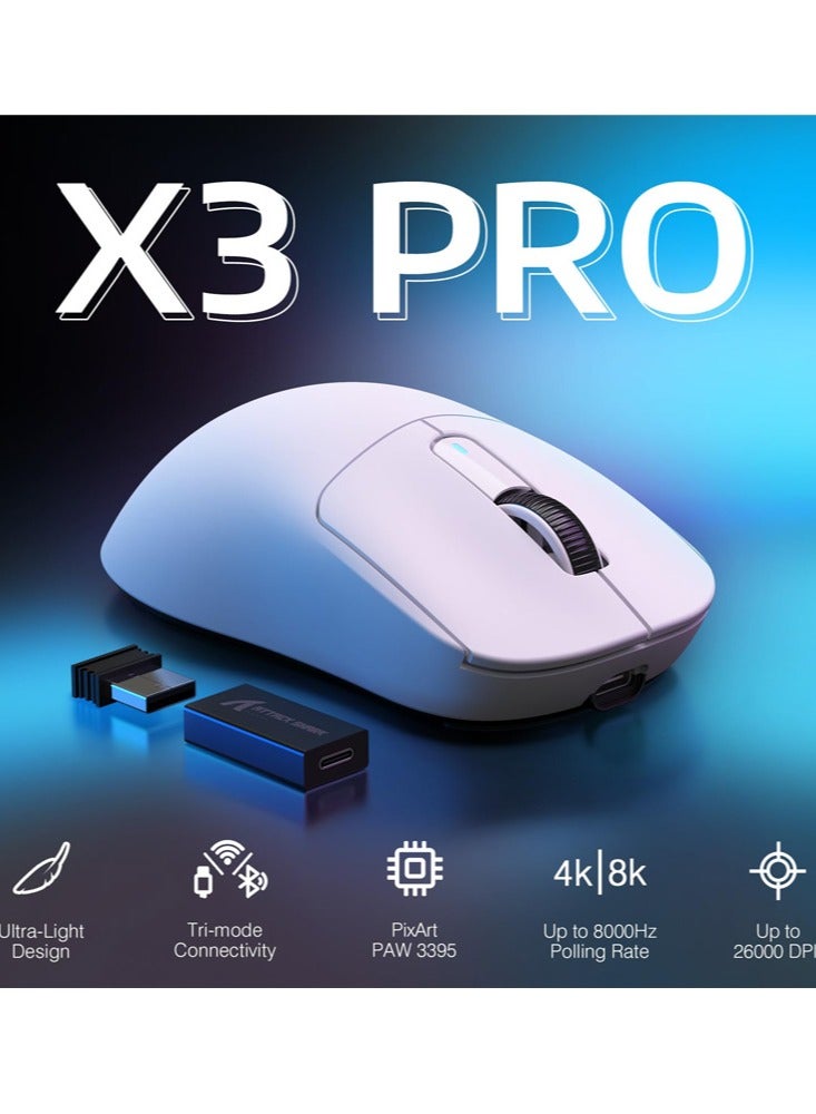 هجوم القرش ماوس ألعاب لاسلكي خفيف X3PRO بدقة 4K/8K مع ثلاث وضعيات (سلكي/2.4GHz/بلوتوث)، حساس بصري PAW3395، دقة 26 ألف نقطة، مفتاح Kailh GM8.0، بطارية طويلة، 7 أزرار للكمبيوتر/اللابتوب/ويندوز/ماك (أبيض) - Image 2