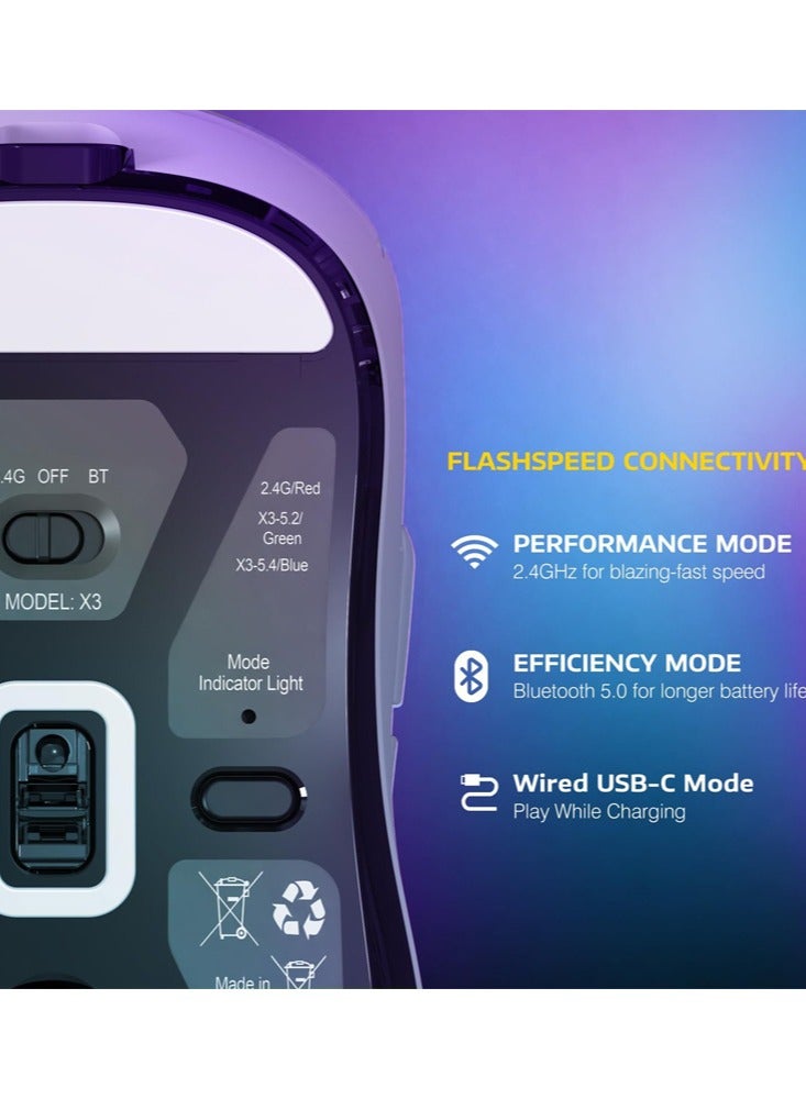 هجوم القرش ماوس ألعاب لاسلكي خفيف X3PRO بدقة 4K/8K مع ثلاث وضعيات (سلكي/2.4GHz/بلوتوث)، حساس بصري PAW3395، دقة 26 ألف نقطة، مفتاح Kailh GM8.0، بطارية طويلة، 7 أزرار للكمبيوتر/اللابتوب/ويندوز/ماك (أبيض) - Image 5