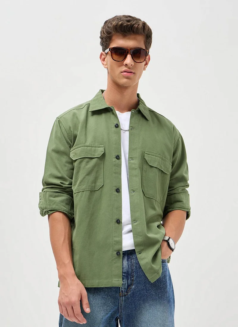Urbano Fashion Men's Green Cotton Full Sleeve Relaxed Fit Shacket with Utility Pockets