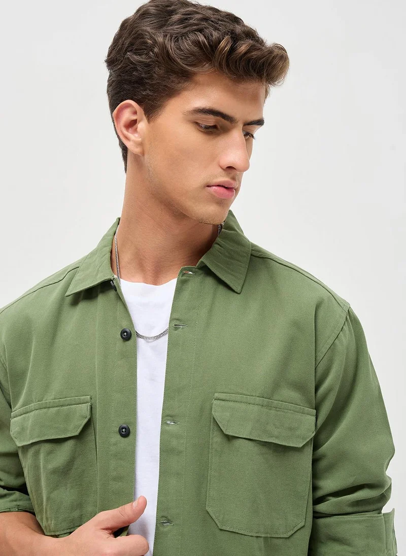 Urbano Fashion  Urbano Fashion Men's Green Cotton Full Sleeve Relaxed Fit Shacket with Utility Pockets for Men | Best Price UAE