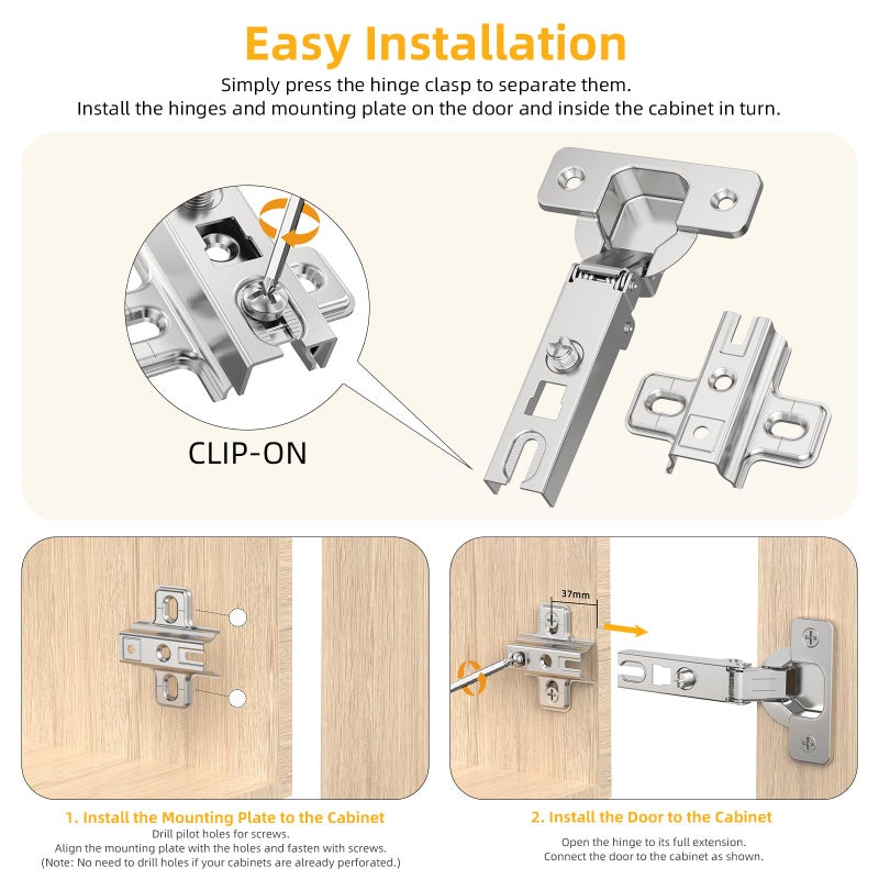 Chibery 2 Pack Full Overlay Cabinet Hinges, Regular Standard Closing, Slide-on, Self-Closing, Frameless Concealed Euro 105 Degree Compact Hinges for Kitchen, Bathroom, 3/4" Overlay, Nickel Plated - Image 4