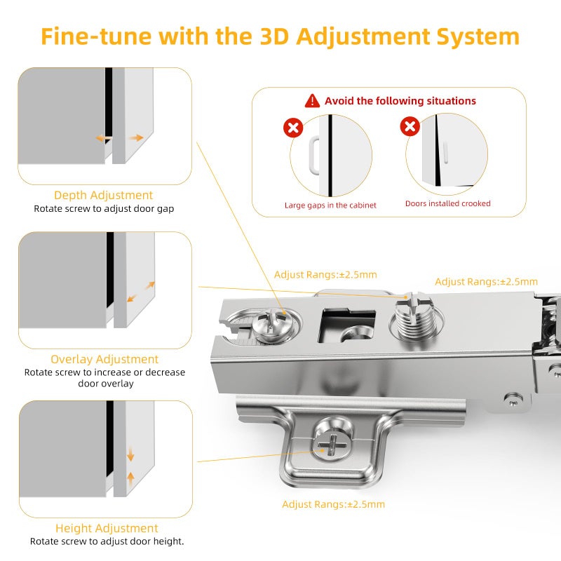 Chibery 2 Pack Full Overlay Cabinet Hinges, Regular Standard Closing, Slide-on, Self-Closing, Frameless Concealed Euro 105 Degree Compact Hinges for Kitchen, Bathroom, 3/4" Overlay, Nickel Plated - Image 5