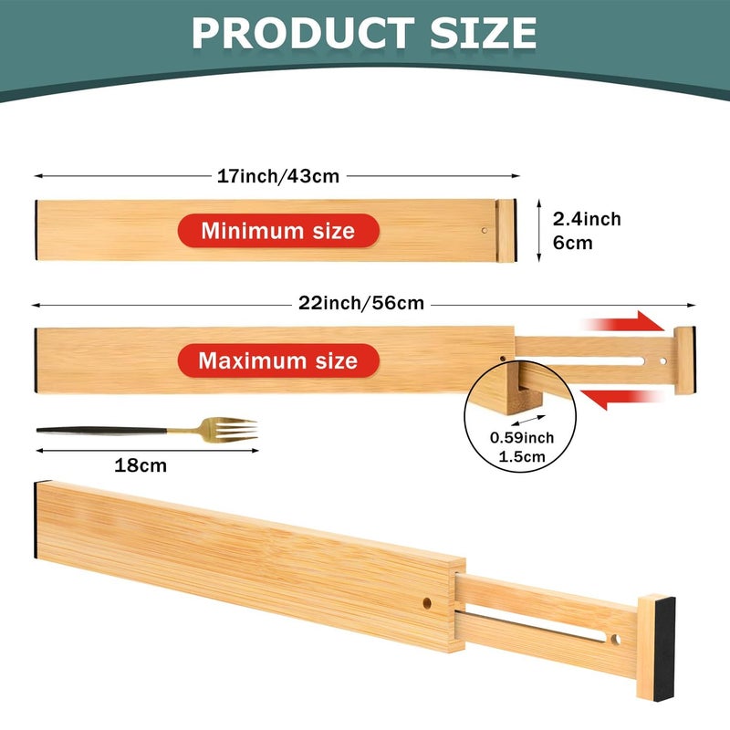 Lzerking Kitchen Drawer Dividers 4 Pack, Adjustable Bamboo Drawer Organizer, 17-22" Expandable Utensil Organizer for Kitchen, Dresser, Closet, Bedroom, Bathroom - Image 3