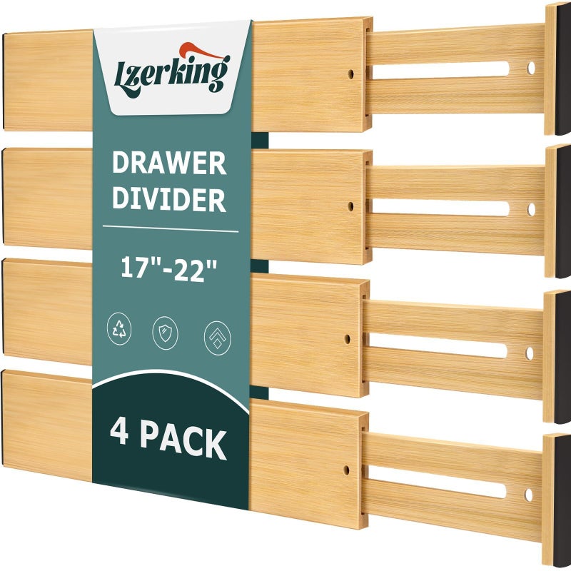Lzerking Kitchen Drawer Dividers 4 Pack, Adjustable Bamboo Drawer Organizer, 17-22" Expandable Utensil Organizer for Kitchen, Dresser, Closet, Bedroom, Bathroom - Image 1