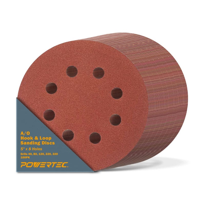 POWERTEC 100PK، 40/80/120/220/320 حبيبات، أقراص صنفرة بحجم 5 بوصات مع 8 ثقوب بنظام هوك وحلقة، أقراص ورق صنفرة من أكسيد الألمنيوم، وسادات صنفرة للأخشاب للاستخدام مع الصنفرة العشوائية، والصنفرة باليد، والصنفرة الهوائية والهوائية (45000) - Image 1