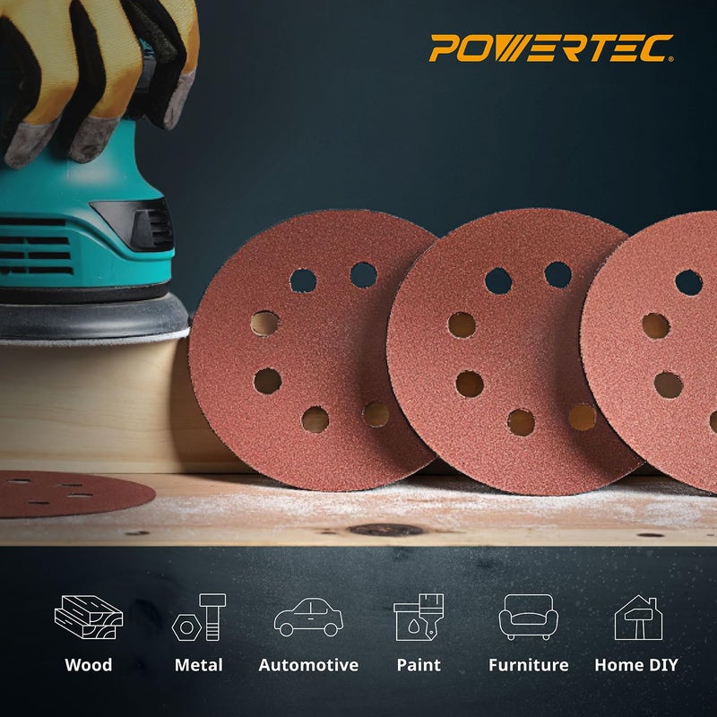 POWERTEC 100PK، 40/80/120/220/320 حبيبات، أقراص صنفرة بحجم 5 بوصات مع 8 ثقوب بنظام هوك وحلقة، أقراص ورق صنفرة من أكسيد الألمنيوم، وسادات صنفرة للأخشاب للاستخدام مع الصنفرة العشوائية، والصنفرة باليد، والصنفرة الهوائية والهوائية (45000) - Image 2