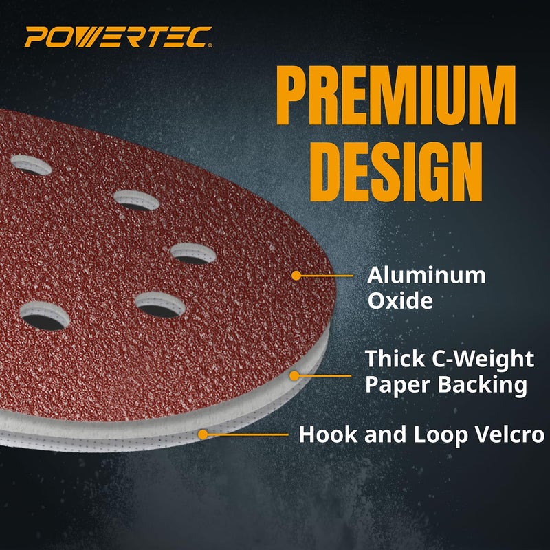 POWERTEC 100PK، 40/80/120/220/320 حبيبات، أقراص صنفرة بحجم 5 بوصات مع 8 ثقوب بنظام هوك وحلقة، أقراص ورق صنفرة من أكسيد الألمنيوم، وسادات صنفرة للأخشاب للاستخدام مع الصنفرة العشوائية، والصنفرة باليد، والصنفرة الهوائية والهوائية (45000) - Image 3