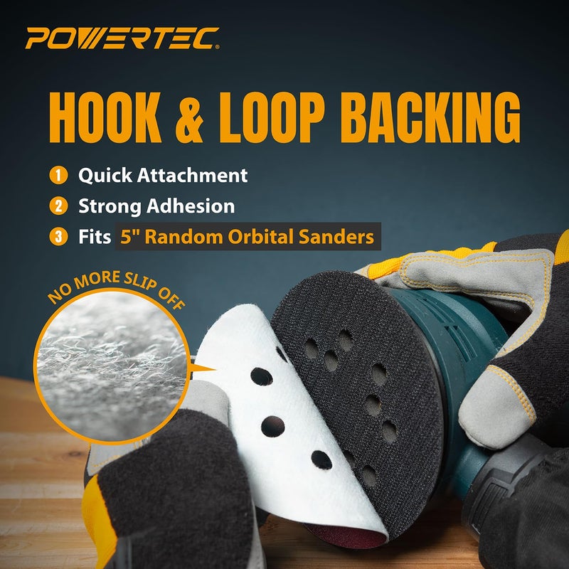 POWERTEC 100PK، 40/80/120/220/320 حبيبات، أقراص صنفرة بحجم 5 بوصات مع 8 ثقوب بنظام هوك وحلقة، أقراص ورق صنفرة من أكسيد الألمنيوم، وسادات صنفرة للأخشاب للاستخدام مع الصنفرة العشوائية، والصنفرة باليد، والصنفرة الهوائية والهوائية (45000) - Image 5
