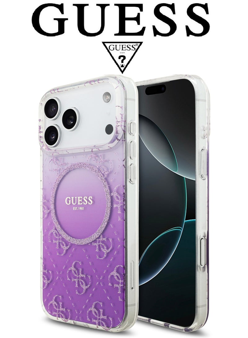 CG MOBILE iPhone 17 Pro Max silicone phone case in a stylish gradient Purple and transparent design with a premium texture. iPhone 17 Pro Max case supports MagSafe wireless charging. iphone 17 pro max back cover with back protection against impacts.  French-designed, elegant iphone 17 pro cover, certified in partnership with GUESS and CG MOBILE. Purple phone case. - Image 1