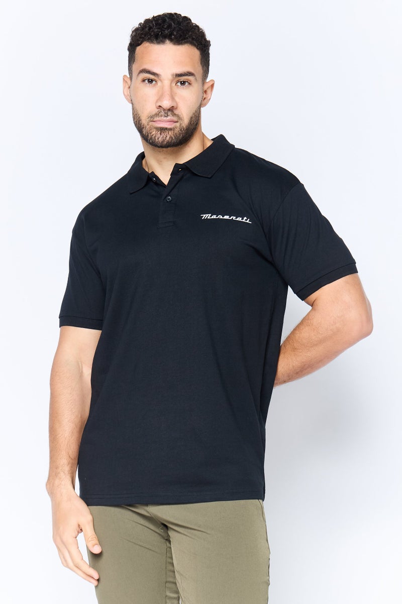 Maserati تي شيرت بولو قصير الأكمام للرجال بتصميم عادي مع شعار العلامة التجارية، أسود - Image 1