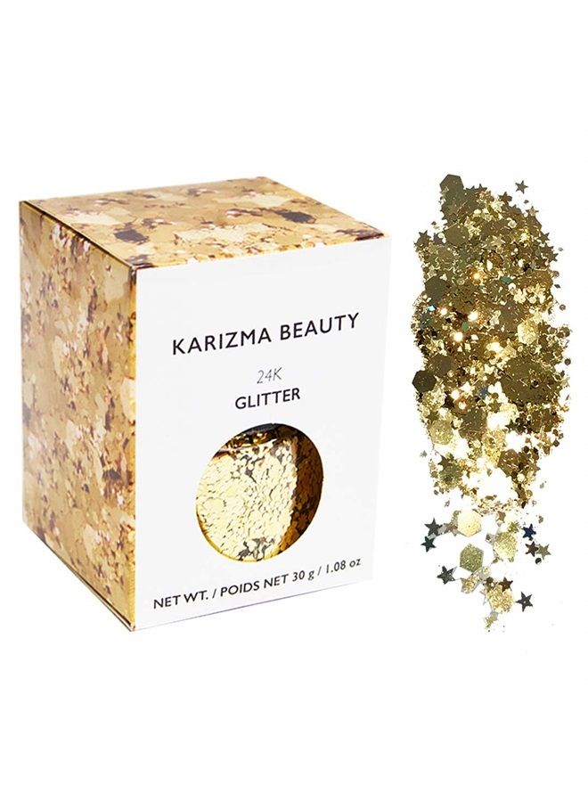 KARIZMA 24K Gold Glitter. 30g Chunky Face Glitter, Hair Glitter, Eye Glitter and Body Glitter for Women. Rave Glitter, Festival Accessories, Cosmetic Glitter Makeup. Loose Glitter Set  - Image 1