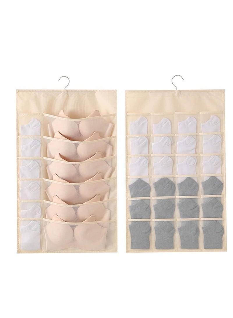Bra Organizer, for Closet with Mesh Pockets & Rotating Metal Hanger, Dual Sided Wall Shelf Wardrobe Storage Bags Pockets, Space Saver Bag for Socks Underwear Underpants, Beige (12+24 Grids) - Image 1