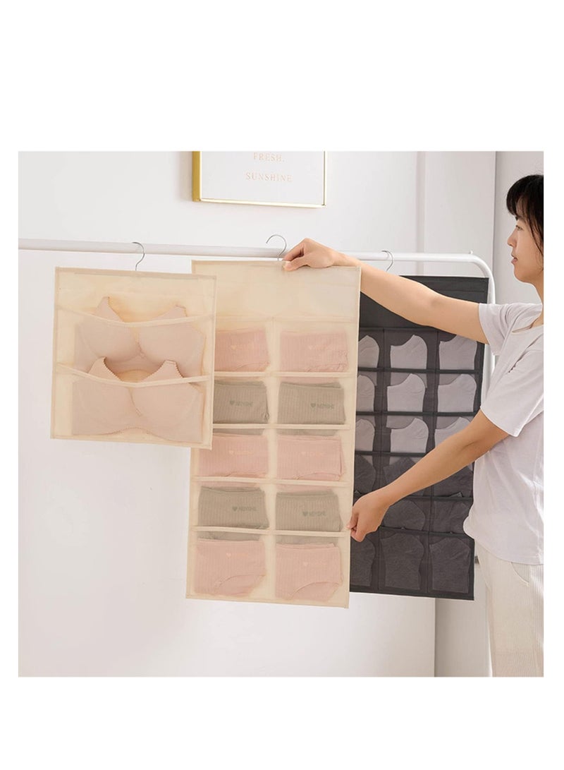 Bra Organizer, for Closet with Mesh Pockets & Rotating Metal Hanger, Dual Sided Wall Shelf Wardrobe Storage Bags Pockets, Space Saver Bag for Socks Underwear Underpants, Beige (12+24 Grids) - Image 2