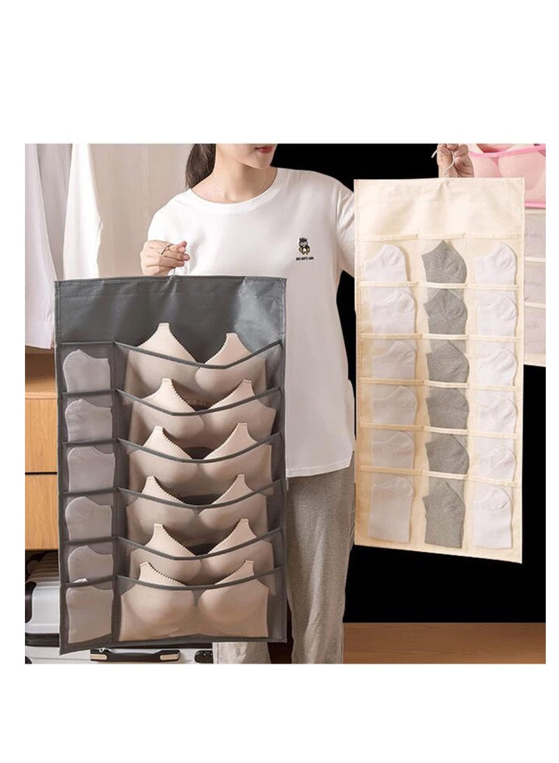 Bra Organizer, for Closet with Mesh Pockets & Rotating Metal Hanger, Dual Sided Wall Shelf Wardrobe Storage Bags Pockets, Space Saver Bag for Socks Underwear Underpants, Beige (12+24 Grids) - Image 4