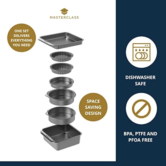 MASTERCLASS MasterCraft Smart Space Bakeware Set 7Piece Non Stick and Stackable with 1 x Roasting Tin 2 x Round Cake Tins 1 x Sandwich Pan 2 x FlanQuiche Dishes and 1 x Brownie Tray in Gift Box - Image 4