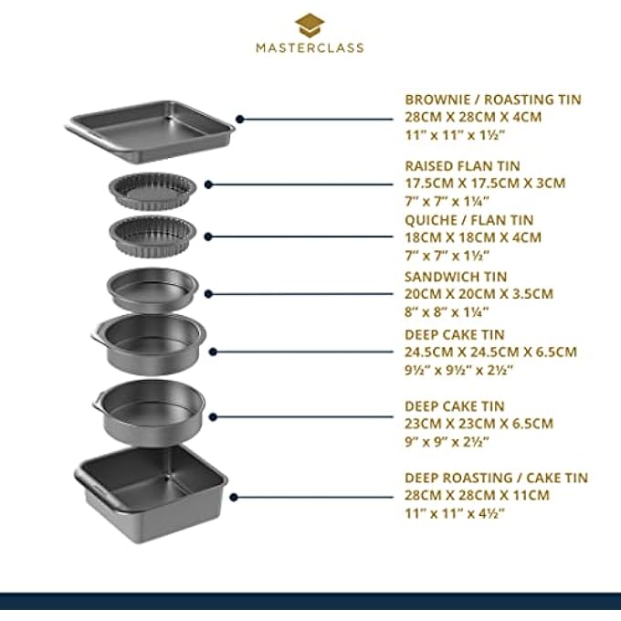MASTERCLASS MasterCraft Smart Space Bakeware Set 7Piece Non Stick and Stackable with 1 x Roasting Tin 2 x Round Cake Tins 1 x Sandwich Pan 2 x FlanQuiche Dishes and 1 x Brownie Tray in Gift Box - Image 3