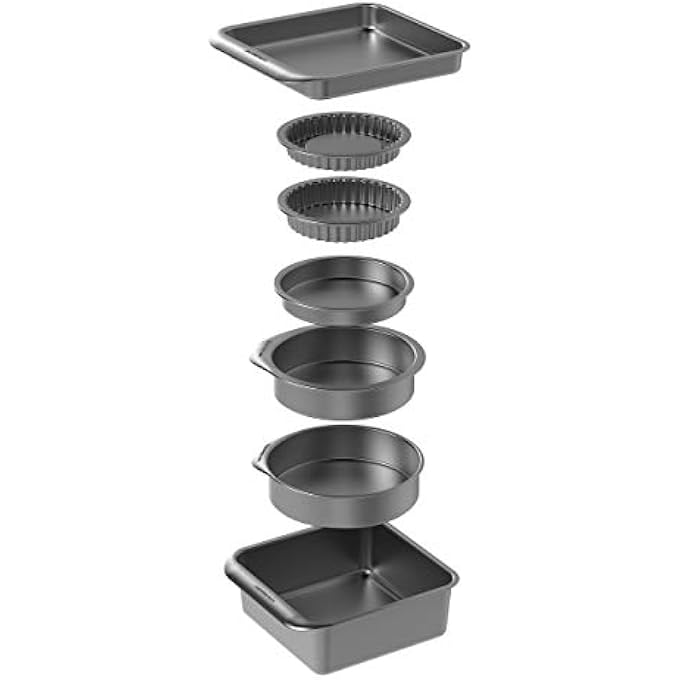 MASTERCLASS MasterCraft Smart Space Bakeware Set 7Piece Non Stick and Stackable with 1 x Roasting Tin 2 x Round Cake Tins 1 x Sandwich Pan 2 x FlanQuiche Dishes and 1 x Brownie Tray in Gift Box - Image 2