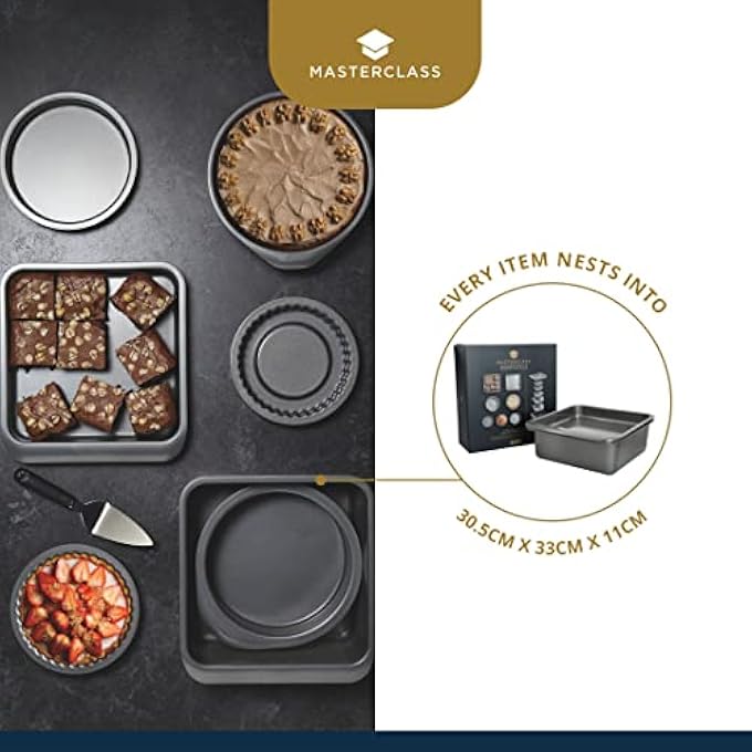 MASTERCLASS MasterCraft Smart Space Bakeware Set 7Piece Non Stick and Stackable with 1 x Roasting Tin 2 x Round Cake Tins 1 x Sandwich Pan 2 x FlanQuiche Dishes and 1 x Brownie Tray in Gift Box - Image 5