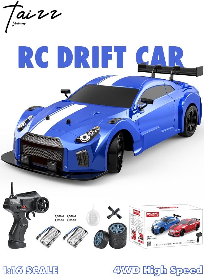 Taizz Ventures 1:16 Scale Remote Control Car RC Drift Car 4WD 18KM/H High Speed Model Vehicle 2.4GHz with LED Lights Spray Rubber Tire Racing Sport Toy Car for Adults Boys Girls Kids Gift 2Pcs Rechargeable Batteries - Blue - Image 1