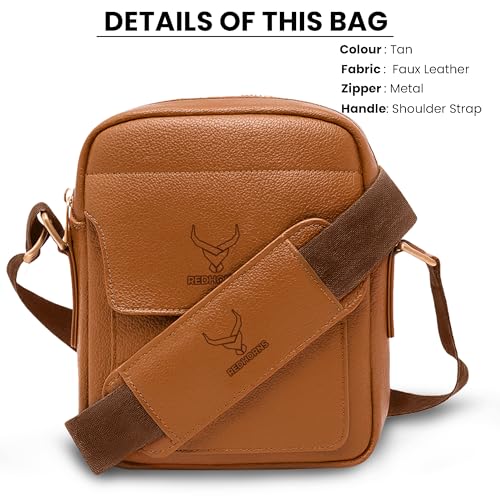 REDHORNS Faux Leather Small Cross Body Sling Bag for Men & Women, 3 Zipper Pockets, Business Messenger Shoulder Bag for Travel, Outdoor, Office - 15X19X5 CM (Tan) - Image 3