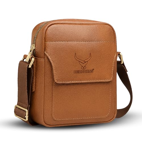 REDHORNS Faux Leather Small Cross Body Sling Bag for Men & Women, 3 Zipper Pockets, Business Messenger Shoulder Bag for Travel, Outdoor, Office - 15X19X5 CM (Tan) - Image 2