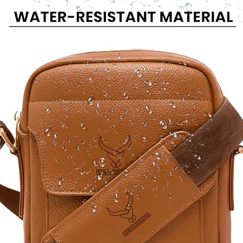 REDHORNS Faux Leather Small Cross Body Sling Bag for Men & Women, 3 Zipper Pockets, Business Messenger Shoulder Bag for Travel, Outdoor, Office - 15X19X5 CM (Tan) - Image 5