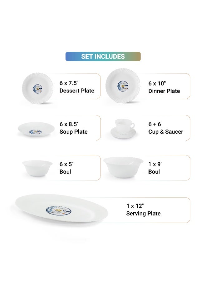Melrich 38 Piece Opal ware Dinner Set 6 Dinner Plate 6 Dessert Plate 6 Soup Plate 6 Bowls 1 Serving Bowl 1 Serving Plate 6 Cup and 6 Saucer Dishwasher Safe - Image 5
