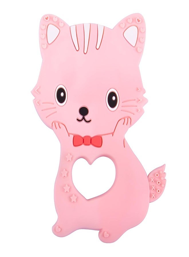 Rukan BPA Free Silicone Baby Teether - Cat Shape for 3-48 Months, Textured Surface for Gum Relief (Pink) - Image 1