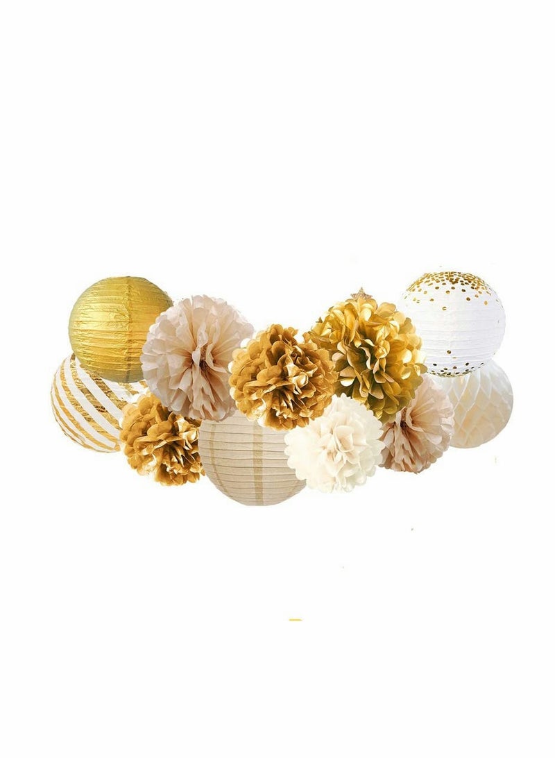 Excefore Party Decorations Gold White 11PCS Tissue Pom Poms Gold Foil Dots Paper Lantern Glitter Party Confetti Party Supplies for Rustic Vintage Wedding Bridal Shower Baby Shower Backdrop Folding Lantern  - Image 2
