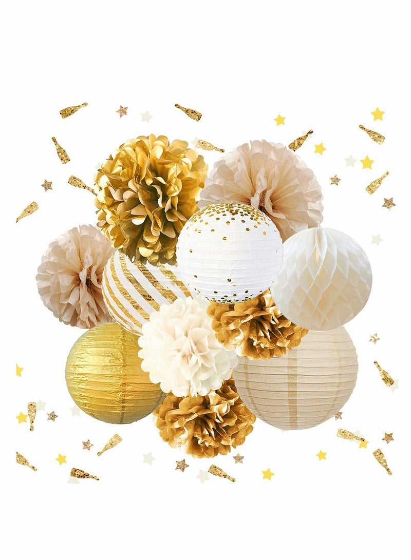 Excefore Party Decorations Gold White 11PCS Tissue Pom Poms Gold Foil Dots Paper Lantern Glitter Party Confetti Party Supplies for Rustic Vintage Wedding Bridal Shower Baby Shower Backdrop Folding Lantern  - Image 1