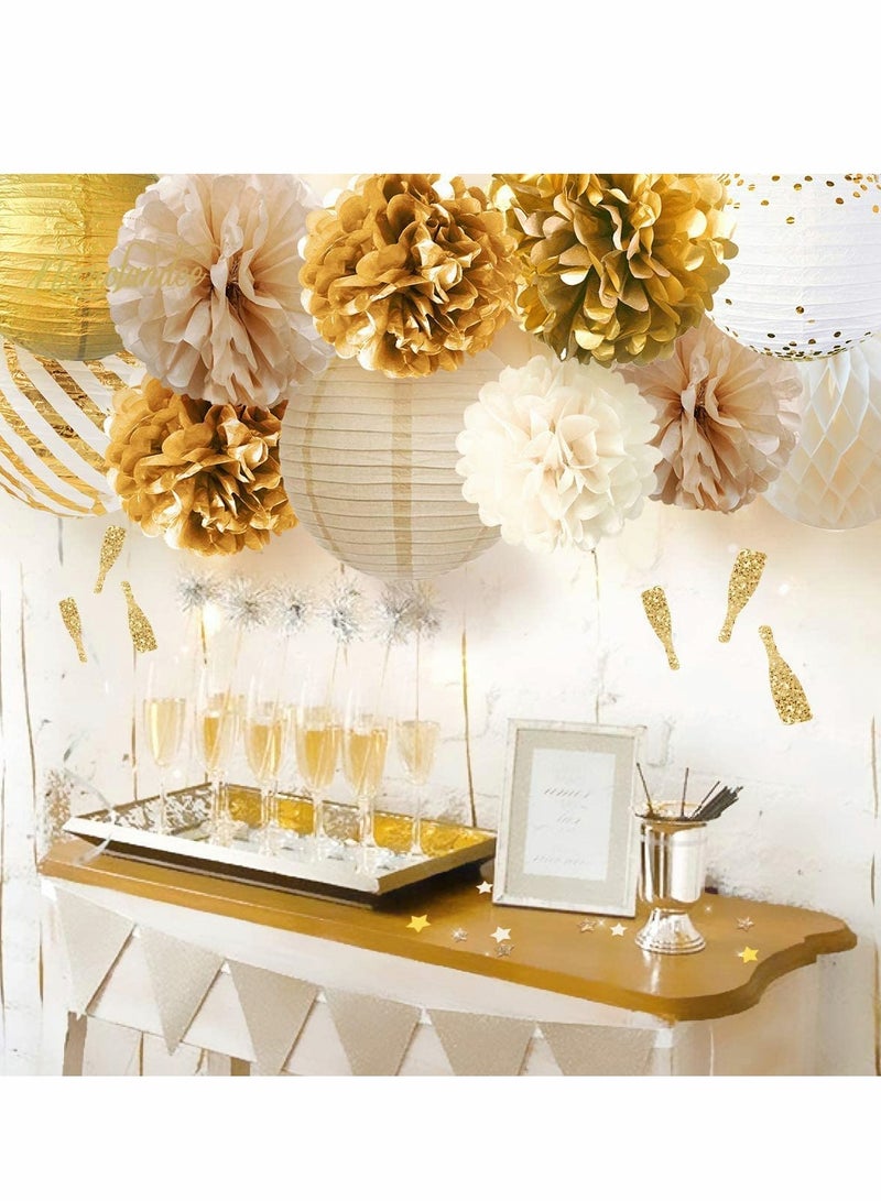 Excefore Party Decorations Gold White 11PCS Tissue Pom Poms Gold Foil Dots Paper Lantern Glitter Party Confetti Party Supplies for Rustic Vintage Wedding Bridal Shower Baby Shower Backdrop Folding Lantern  - Image 4