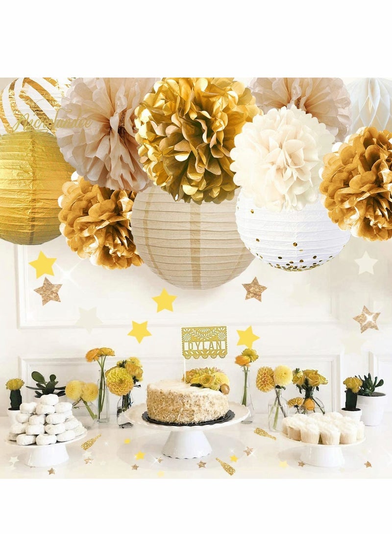 Excefore Party Decorations Gold White 11PCS Tissue Pom Poms Gold Foil Dots Paper Lantern Glitter Party Confetti Party Supplies for Rustic Vintage Wedding Bridal Shower Baby Shower Backdrop Folding Lantern  - Image 3