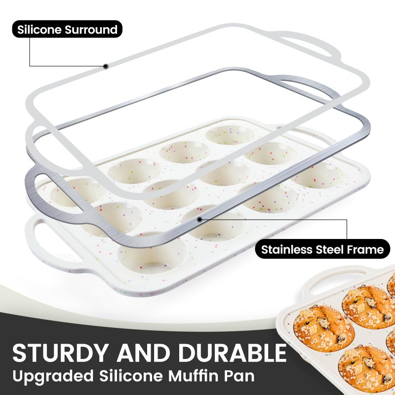 Vinino 1Pack Silicone Muffin Pan for Baking with Metal Reinforced Frame, 12 Cup Regular Size Cupcake Pan, BPA Free Silicone Muffin Tray, Cupcake Baking Pan Molds for Oven Dishwasher Safe - Cream - Image 2