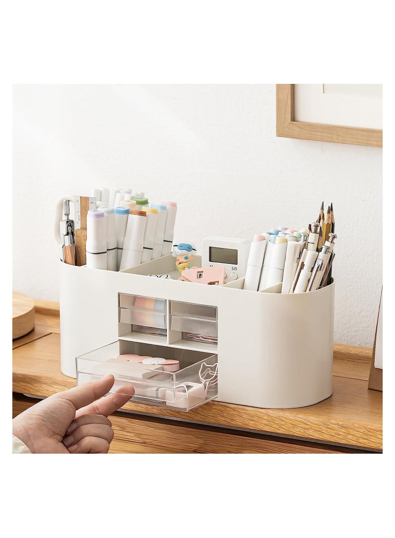 KASTWAVE Pencil Pen Holder Desk Organizer with Drawers, Plastic Desktop Stationery Holder Storage Box for Card, Pen, Pencil, Post-it Notes, Erasers, Paper Clips (Beige) - Image 1