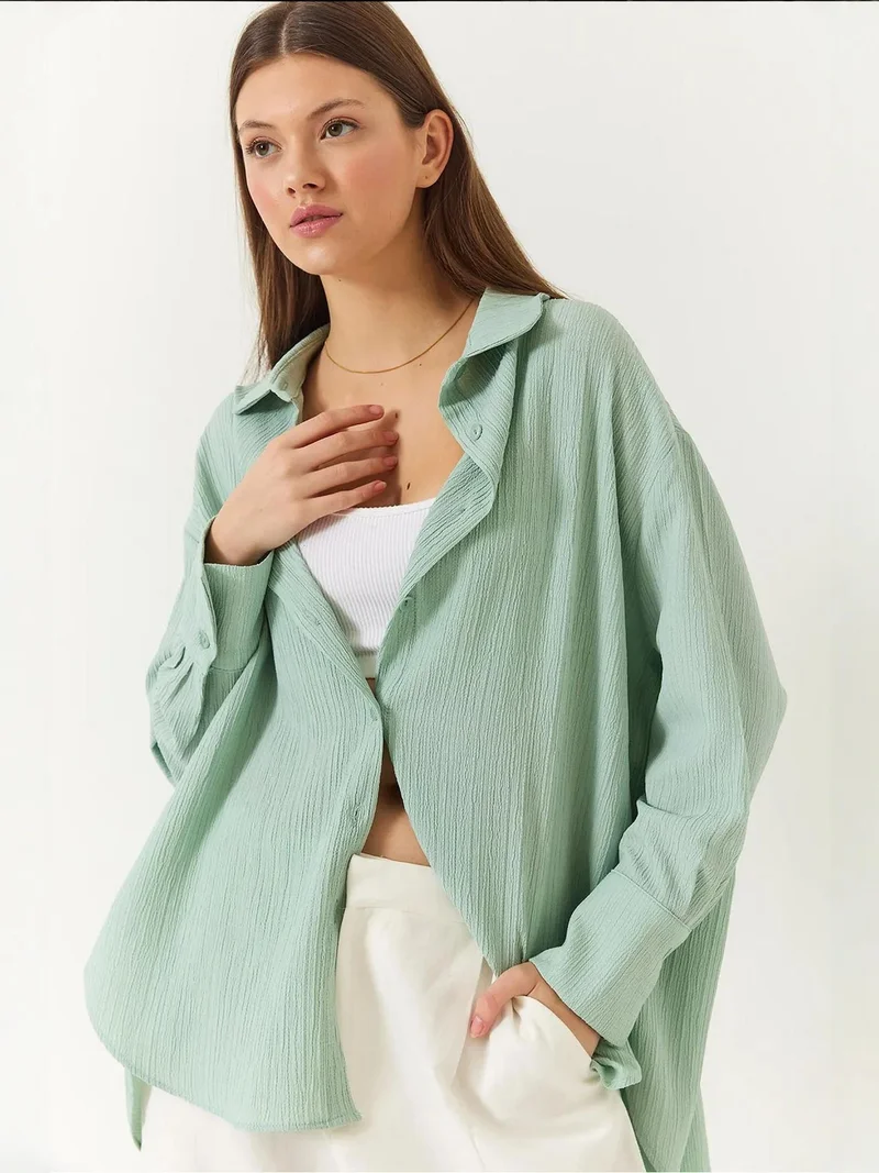 Bianco Lucci Mint Green LUCCI Oversized Textured Shirt for Women | Best Price UAE