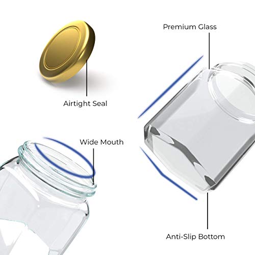 SITOVI Hexagon Glass Jar & Container with Rust Free Air Tight Lid, Suitable for Use in Your Home Office, Kitchen Storage/Glass Jar for Kitchen 250 ml (Gold lid, 12) - Image 2