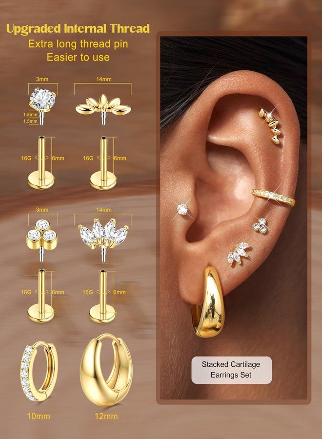Sanfenly 6 Pairs Flat Back Earrings Gold Plated Stud Cartilage Earrings for Women Trendy Hypoallergenic Surgical Steel Internal Thread Huggie Hoop Studs Earring Stacks Helix Tragus Piercing Jewelry - Image 2