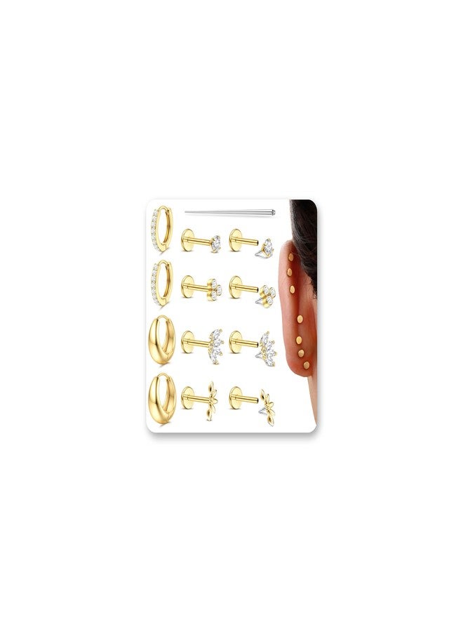 Sanfenly 6 Pairs Flat Back Earrings Gold Plated Stud Cartilage Earrings for Women Trendy Hypoallergenic Surgical Steel Internal Thread Huggie Hoop Studs Earring Stacks Helix Tragus Piercing Jewelry - Image 1